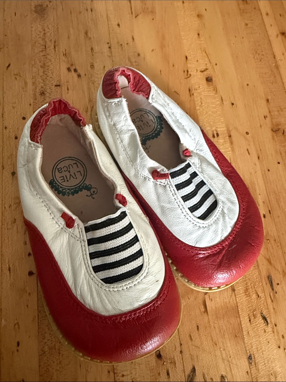 Livie & Luca Red and White Stripe Accent Kids Moccasins